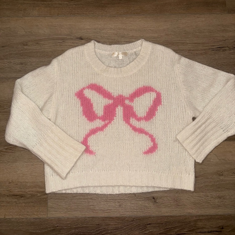 Love Shack Fancy Jorah White Pink Bow Alpaca Blend Pullover Sweater Medium $345
